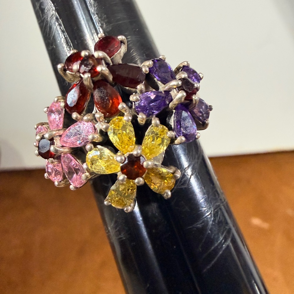Multicolor Gemstone Flower Cluster Ring, 925 Sterling, Size 11